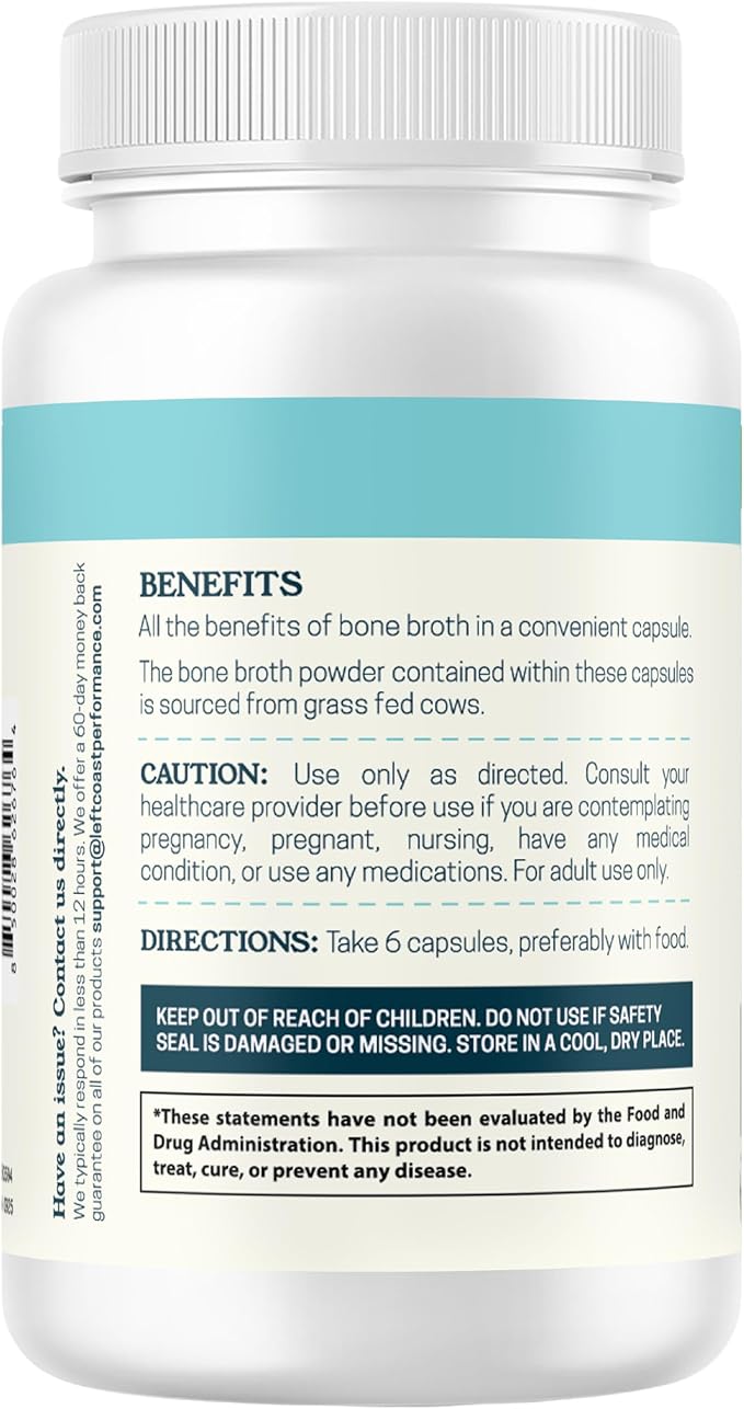 Grass-Fed Bone Broth Capsules with Collagen from Organic Bone Broth Powder. Collagen Supplement for Nails Hair Joints and Digestive Health* Support. Gut Friendly-Ingredients 180 Capsules