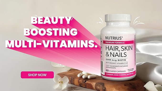 Nutrius Hair Skin &amp Nails 5000 mcg Biotin with Antioxidant Vitamin C &amp E - 60 Coated Capsules