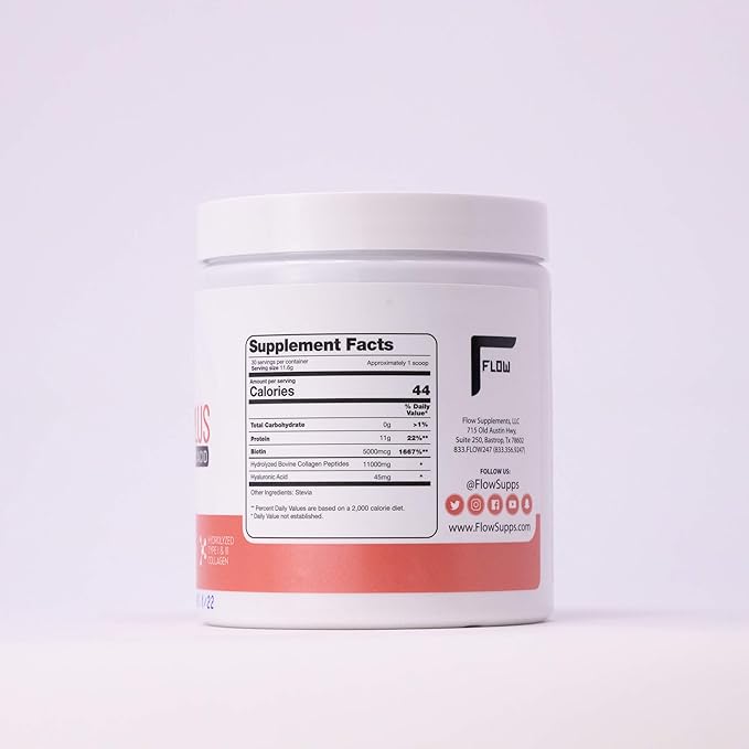 Flow Supplements Collagen Peptides Protein Powder Collagen Supplements with Hyaluronic Acid + Biotin Hydrolyzed Collagen Peptides Multi Collagen Powder Type I and III - 348 Gram (Pack of 1)