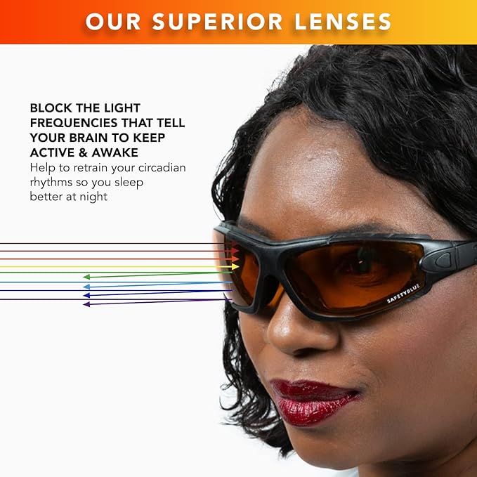 Sleep Savior Deluxe Amber Lens Glasses - Block Blue &amp Green Light Boost Melatonin Enhance Sleep Quality Reduce Eye Strain Interchangeable Strap Padded for Ultimate Comfort