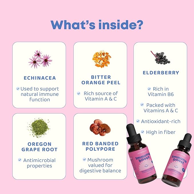JoySpring Immune Drops – Kids Immune Support Supplement with Elderberry Extract Echinacea Oregon Grape Root &amp Orange Peel Liquid for Ages 3–16+ Years &amp Adults | 2 fl oz (60 Servings)