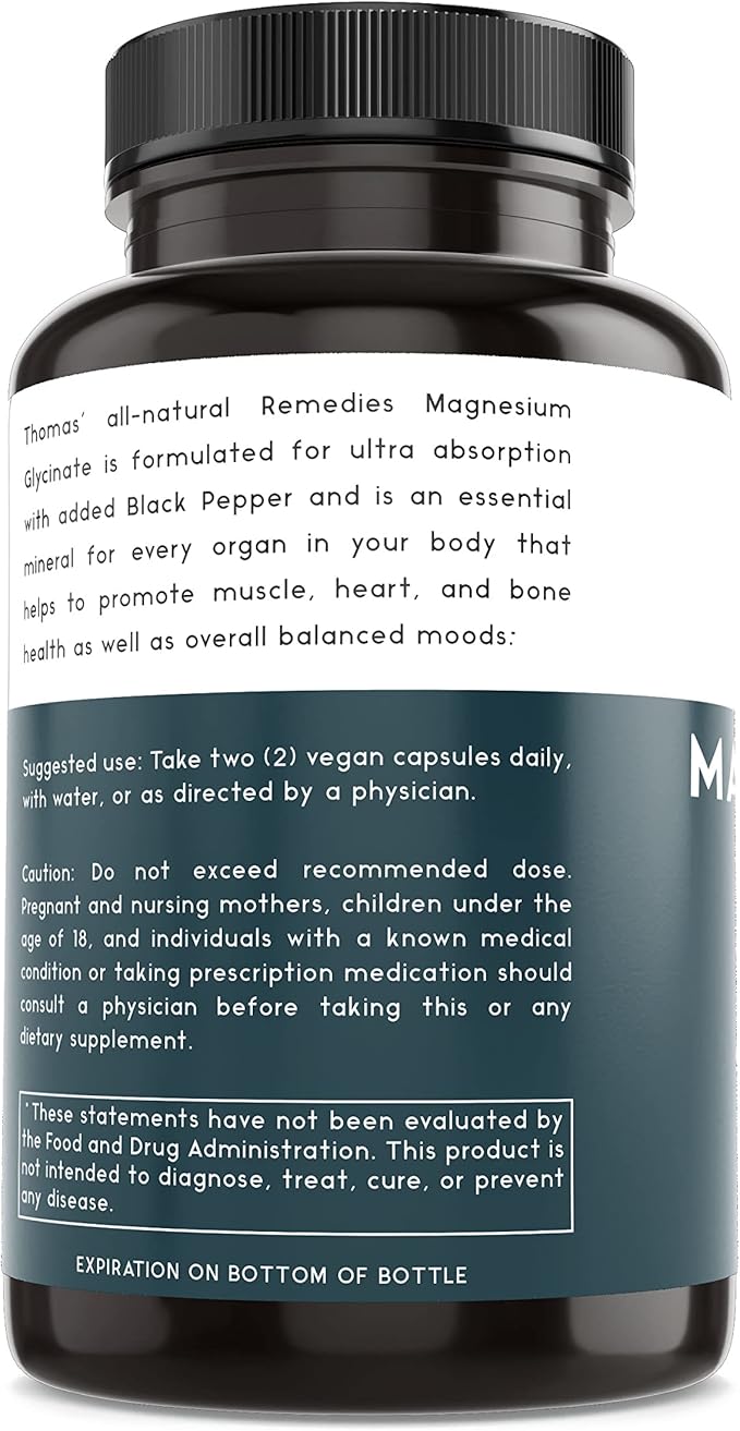 Thomas' all-natural Remedies Magnesium Glycinate Supplements High Absorption Dietary Supplements for Muscle and Bone Support Non-GMO No Fillers 60 Vegan Capsules 500mg per Serving