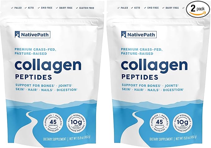 NativePath Collagen Peptides Protein - Hydrolyzed Type 1 &amp 3 Collagen Powder for Skin Hair Nails - 15.9 oz (45 Servings) (Pack of 2)