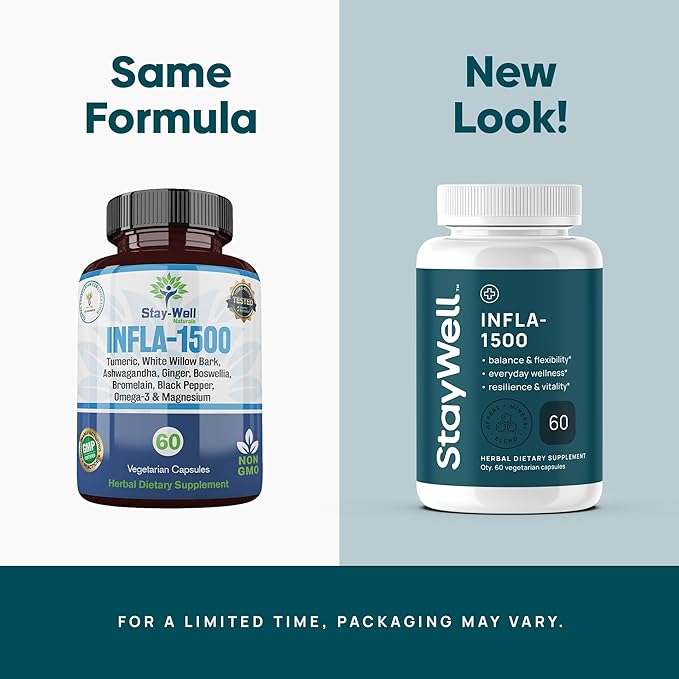 Infla-1500 All-Natural Relief Supplement Extract Blend with Turmeric White Willow Bark Ashwagandha Ginger Boswellia Bromelain Omega-3 and Magnesium-60ct