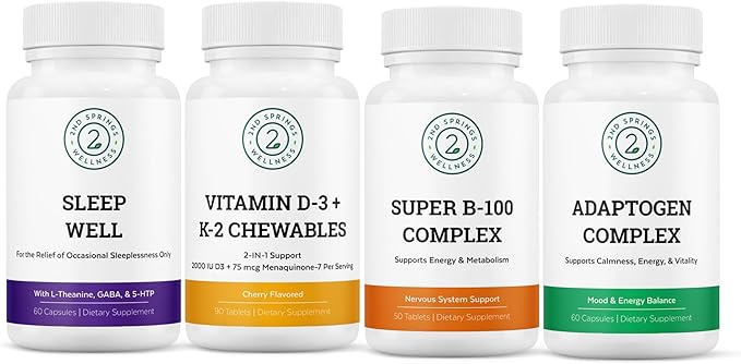 Essential Supplement Bundle - Vitamin D3+K2 Chewables Super B-100 Complex Sleep Well &amp Adaptogen Complex