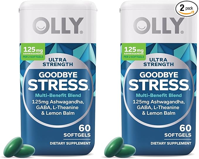 OLLY Ultra Strength Goodbye Stress SoftgelsGABAAshwagandhaL-Theanine and Lemon BalmStress Relief Supplement -60 Count (Pack of 2)