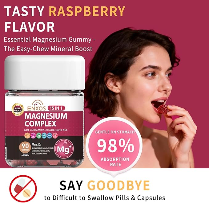 15-in-1 Magnesium Complex Gummies 350 mg/Serv with Ashwagandha RootVitamin D3L-TheanineZinc GluconateCoQ10 Stress Relief Glycinate Gummy Sugar Free Chews Supplement for Adults Sleep (Raspberry)