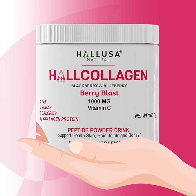 Hallusa Natural Hydrolyzed Collagen Powder (Type I III) 4000mg + 1000mg Vitamin C 5.82 oz (30 Servings) Healthy Hair Skin Nails Bone &amp Joint Support BlackBerry &amp Blueberry Flavor