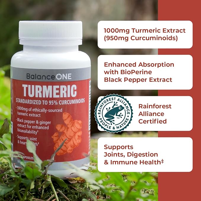 Balance ONE Turmeric Extract 1000mg with Max Strength 95% Curcuminoids - Turmeric Curcumin Supplement for Joint Comfort &amp Antioxidant Support - Ginger Extract and BioPerine - 1 Month Supply