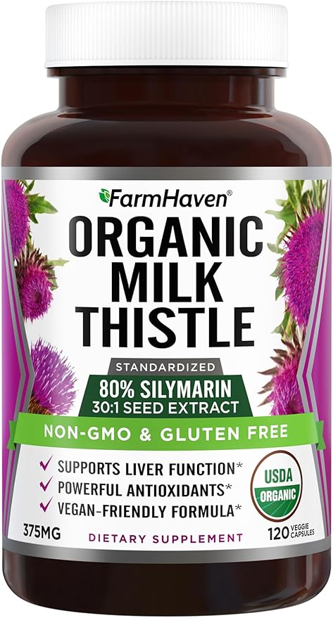 FarmHaven USDA Organic Milk Thistle Capsules |30X Concentrated Seed Extract &amp 80% Silymarin Standardized - Supports Liver Function and Overall Health | Non-GMO | 120 Veggie Capsules