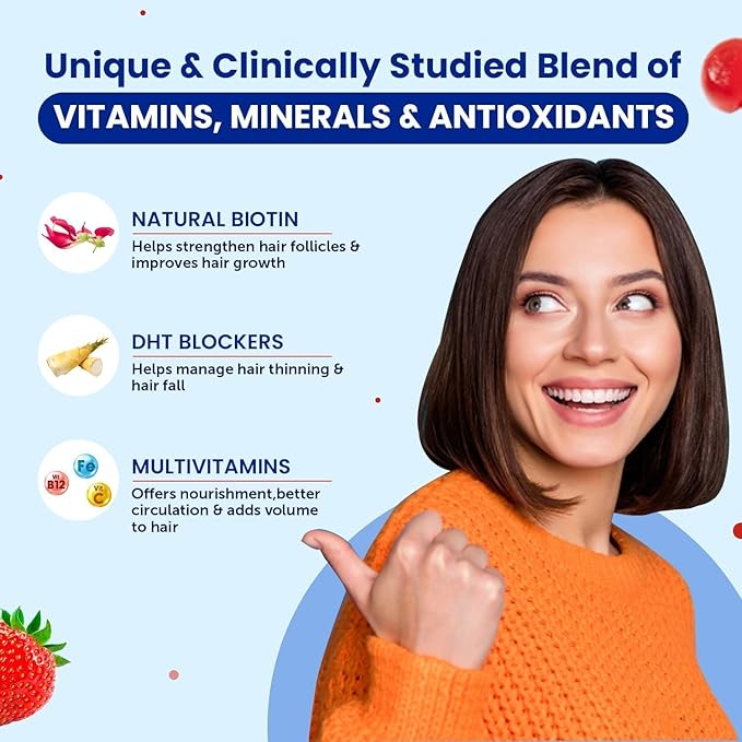 Grow Hair 30 Gummies with BiotinBamboo Shoot ExtractGreen Tea ExtractIronVitamin B12B2Folic Acid Keeps Hair Healthy &amp StrongNatural Strawberry Flavored100% VegetarianGelatin Free