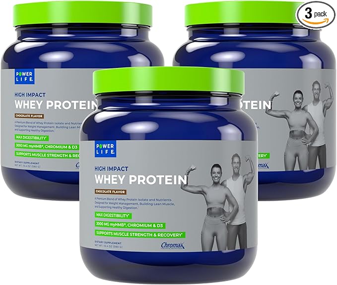 POWERLIFE High Impact Grass Fed Whey Protein with 3000 MG of HMB No Sugar Added Non-GMO Hormone and Antibiotic Free 15 Servings (Chocolate - New Formula) - 3 Pack