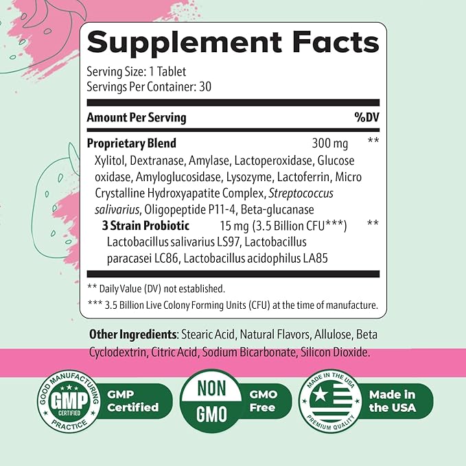 Oracare – Daily Oral Support with Enzymes Hydroxyapatite Xylitol &amp 3-Strain Probiotic Blend – Non-GMO Stimulant-Free Formula – Made in USA – 30 Melt-In-Mouth Tablets 1 Month Supply