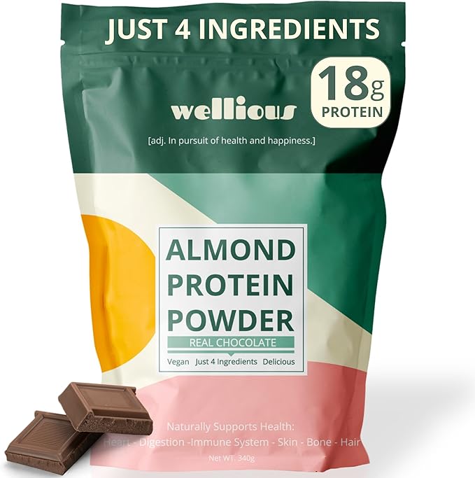 wellious Almond Protein Powder (Chocolate) - 18 Grams of Pure Healthiest Vegan Protein for Women &amp Men - Perfect Gluten-Free Soy-Free &amp Smooth Gut Friendly Protein Powder for Sports Nutrition