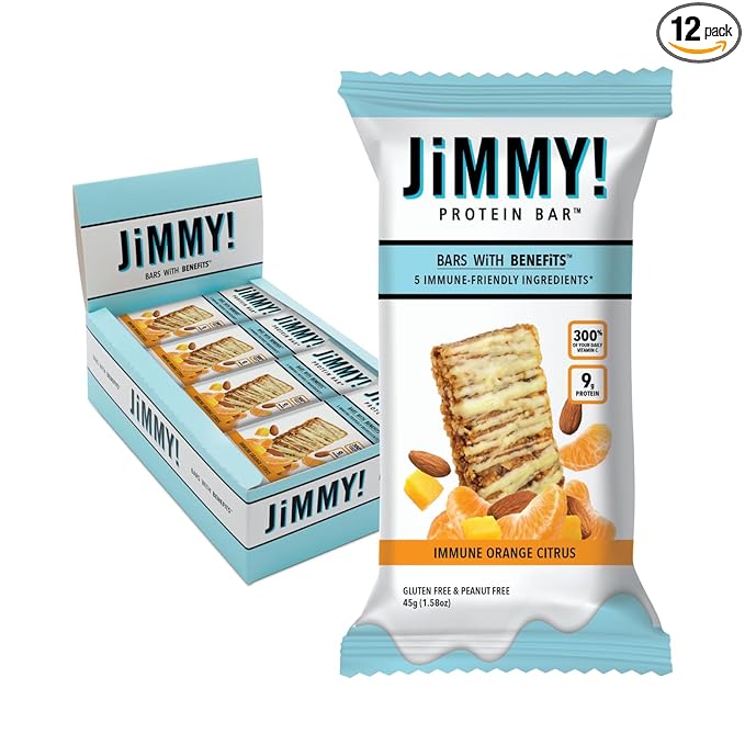 JiMMYBAR! - Immune! Orange Citrus Blast Protein Bars - 9g Protein Bar - 12 Count - 58g of Real Food - 300% of Daily Vitamin C - Chewy &amp Soft Meal Replacement Bar - Hand Drizzled Topping