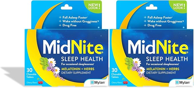 MidNite Natural Sleep Supplement 30 Count Chewable Cherry-Flavored Tablets Natural Non-Habit Forming Sleep Aid Melatonin Supplement - Twin Pack