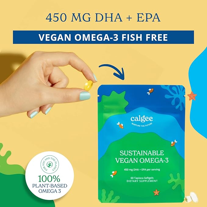 Calgee Vegan Omega 3-450mg DHA &amp EPA Fatty Acids - Sustainable Algae Oil - Plant-Based Fish Oil Alternative - Carrageenan-Free Softgels (120 Ct)