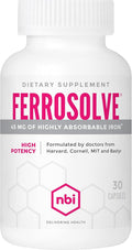 NBI FerroSolve Best Absorption Iron Supplement 45 mg | High Potency | GI Safe | 30ct Veggie Capsules