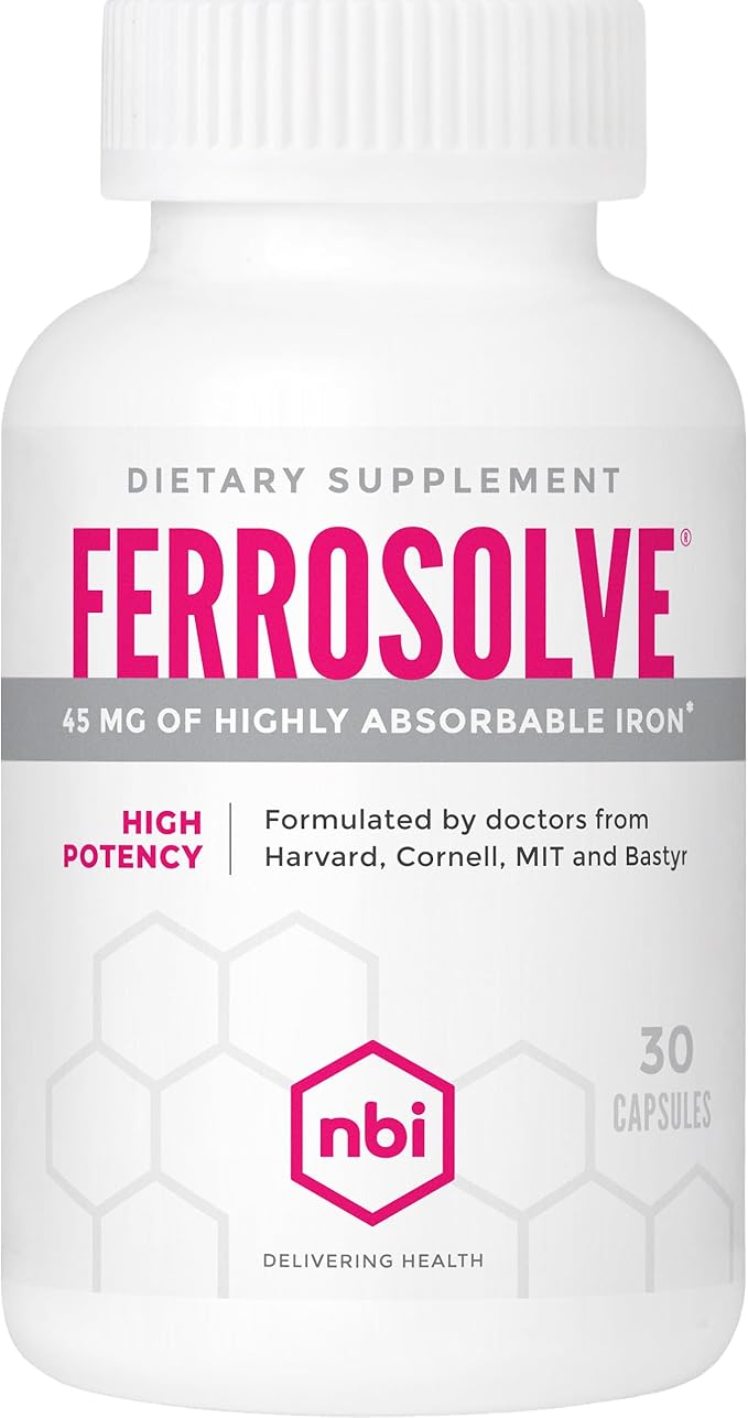 NBI FerroSolve Best Absorption Iron Supplement 45 mg | High Potency | GI Safe | 30ct Veggie Capsules