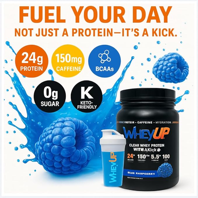WheyUP Clear Whey Isolate - 24g Protein + 150mg Caffeine - Blue Raspberry - Clear Whey Protein Powder - Sugar-Free - Keto-Friendly - Juice-Style Pre Post Workout Drink - 20 Servings