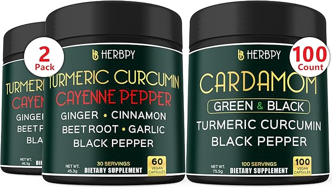Bundle 2-Pack 60 Count 7in1 Curcumin Supplement &amp 100 Count 4in1 Cardamom Supplement for Digestion Heart Health and Natural Wellness