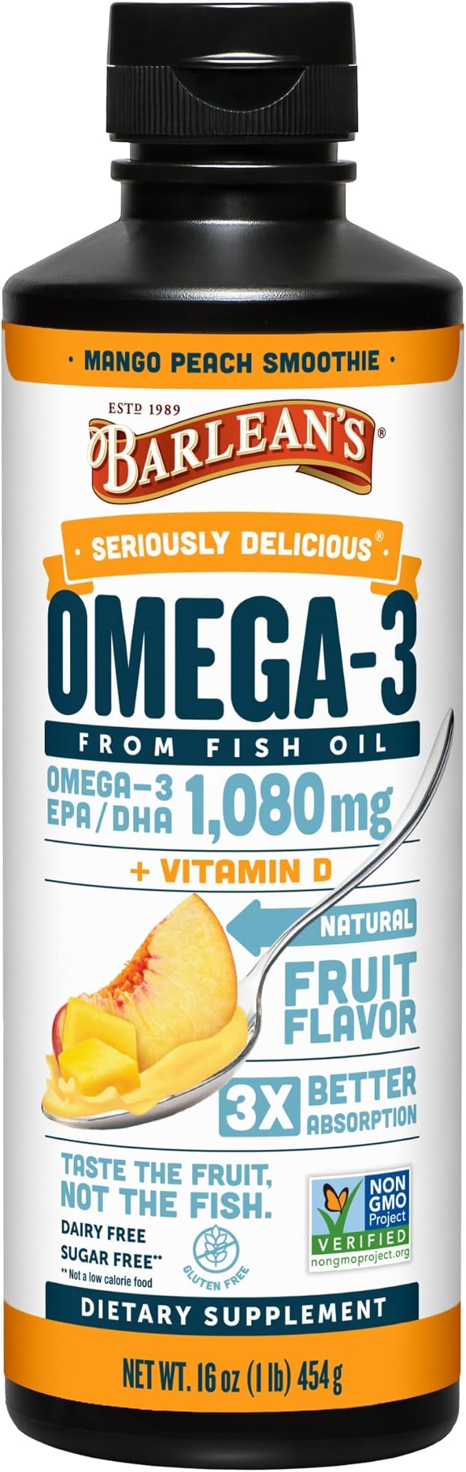 Barlean's Omega 3 Fish Oil Liquid Supplement with Vitamin D for Men and Women 1080mg of EPA and DHA Fatty Acid Promotes Brain &amp Heart Health - Non-GMO Mango Peach 16 oz