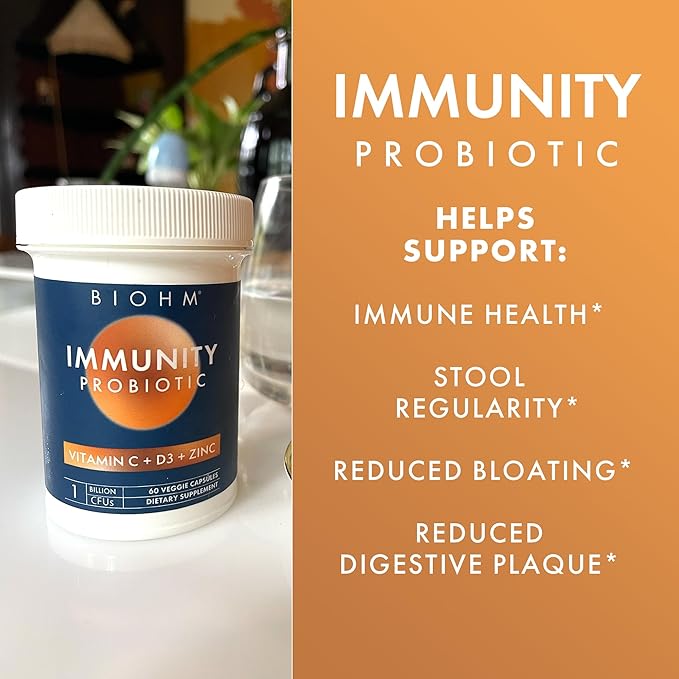 BIOHM Immunity Probiotic with Vitamin C D3 &amp Zinc 1 Billion CFU (60 Capsules) Daily Probiotics for Women &amp Men Digestive Health &amp Immune Support Vegan Gluten-Free and Non-GMO