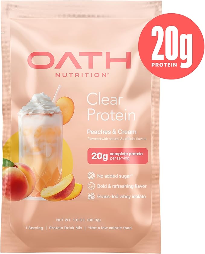 Oath Nutrition Clear Whey Isolate Protein Powder Peaches &amp Cream 20g Complete Protein per Serving No Added Sugar Grass-Fed Single Serving (6 Count)