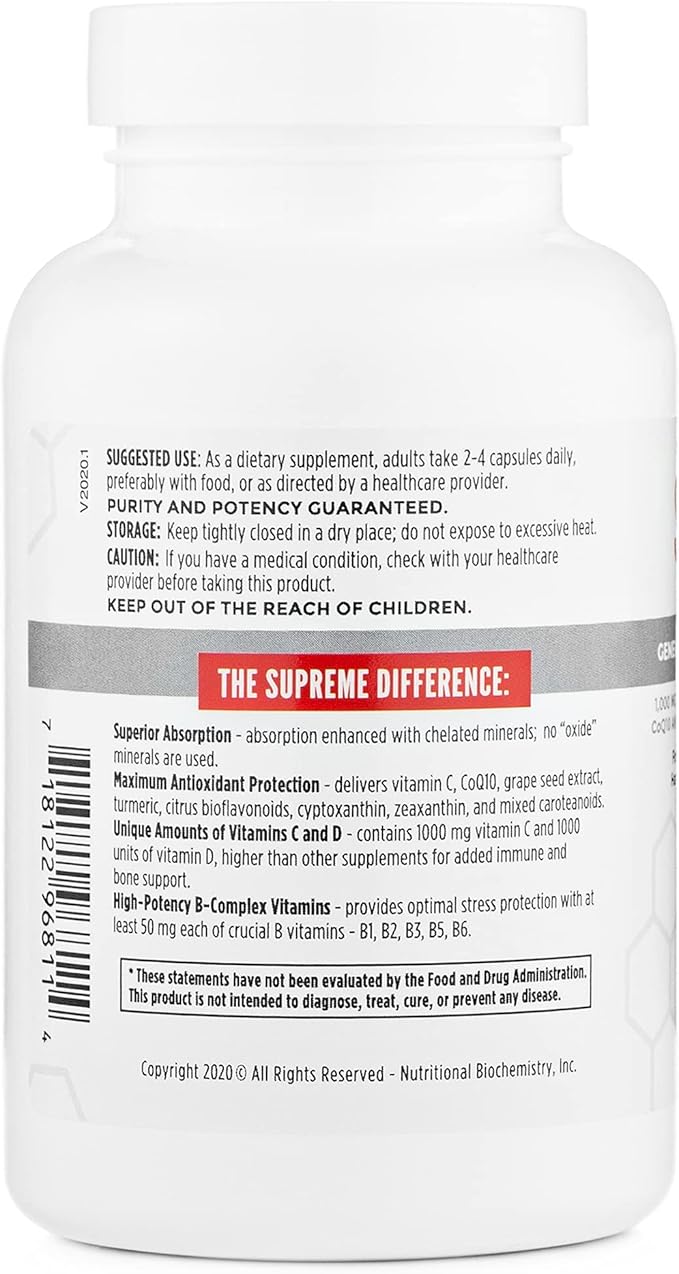 NBI Supreme Daily Multivitamin with Vitamin A C D E K B6 and B12 | Multi Mineral Supplement for Men &amp Women | 120ct Veggie Capsules