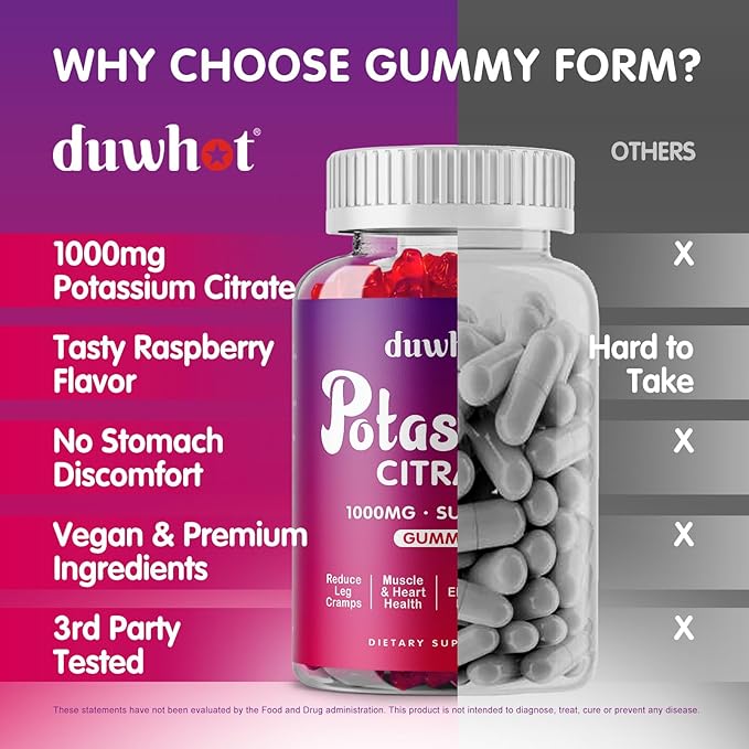 Potassium Citrate 1000mg Gummies Potassium Supplement for Adults Women &amp Men Support Leg Cramps &amp Muscle Health 60 Chewables