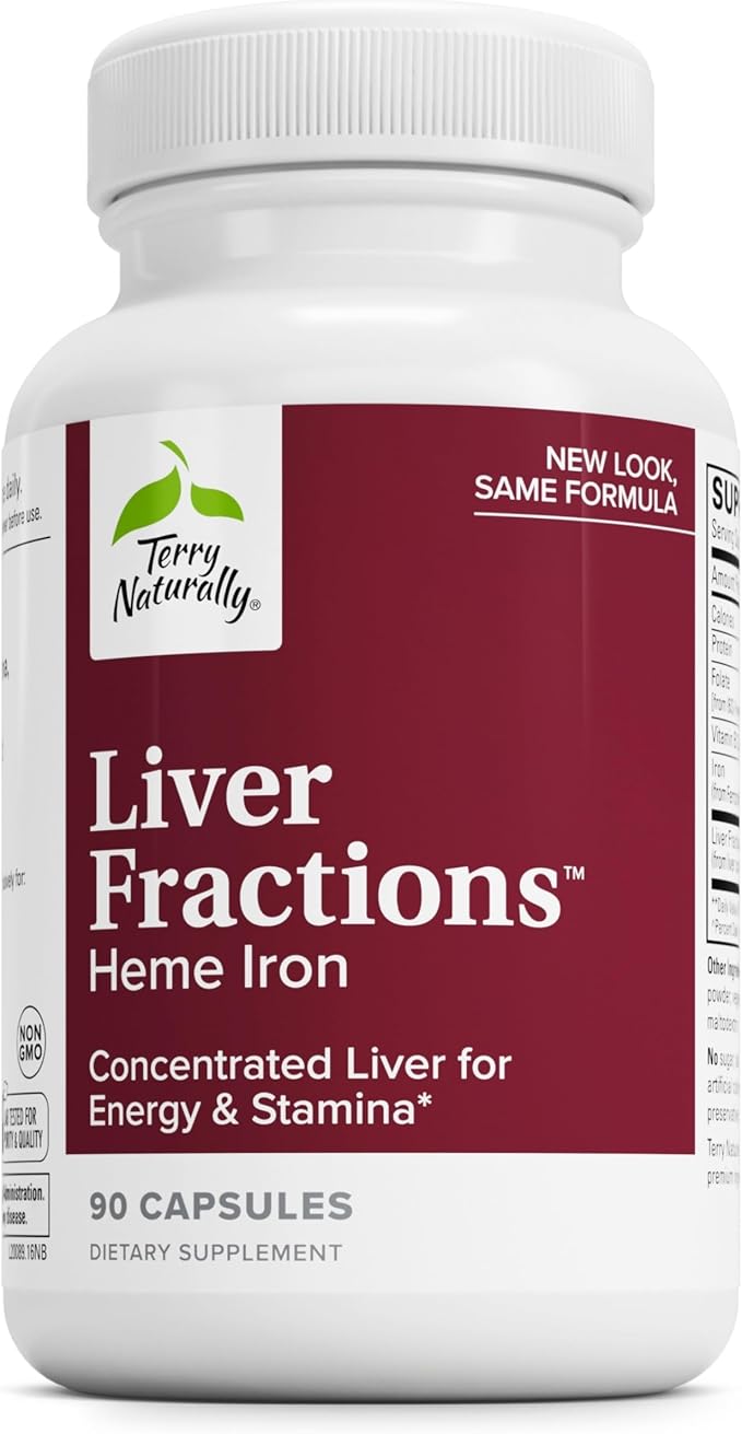 Terry Naturally Liver Fractions - Endurance &amp Energy Support with Gentle Iron - Dietary Supplement Supports Healthy Red Blood Cell Formation - Iron Supplement for Liver Health - 90 Capsules