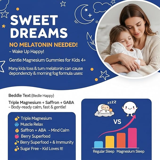 Kids Sleep Gummies NO Melatonin - Triple Magnesium Glycinate + Saffron GABA Berry &amp Nut Superfood Gummies Sugar Free Nighttime Sleep Aid &amp Calm for Kids 4+ Teens Relaxation Brain &amp Mu