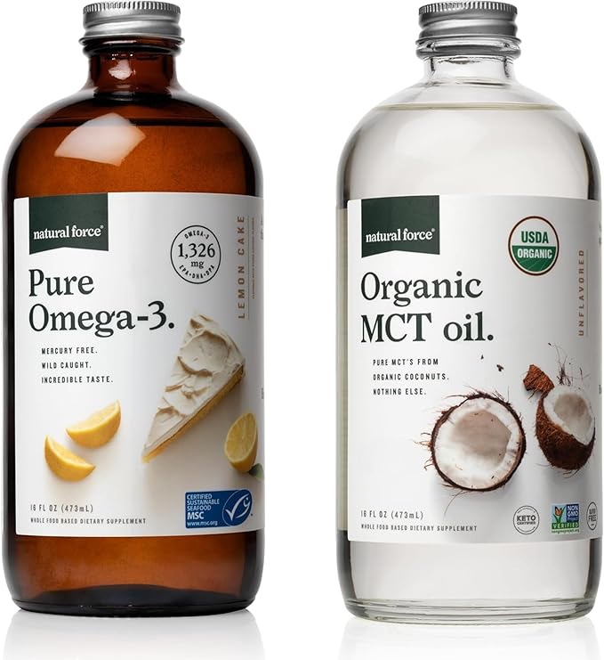 Natural Force Pure Omega 3 - Liquid Fish Oil Lemon Cake Flavor - 16 Oz Glass Bottle 100% Virgin Coconut MCT Oil - 16oz Glass Bottle