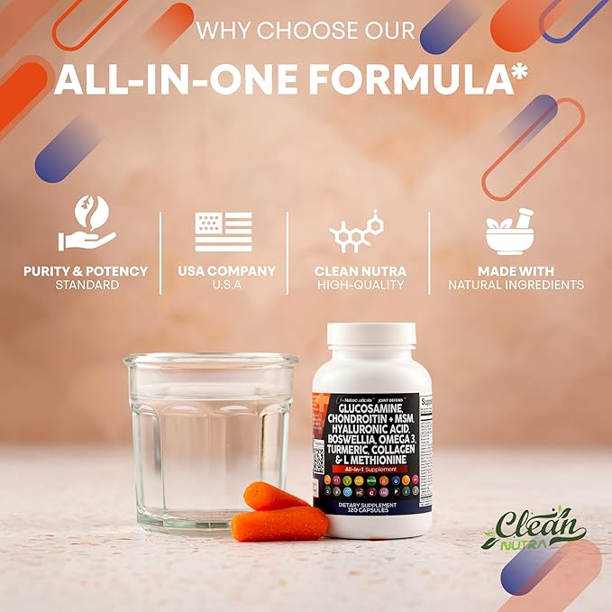 Clean Nutraceuticals Glucosamine Chondroitin MSM 1500mg with Turmeric Curcumin Collagen Hyaluronic Acid Omega 3 – Joint Health Supplement for Men &amp Women (120 Count (Pack of 2))