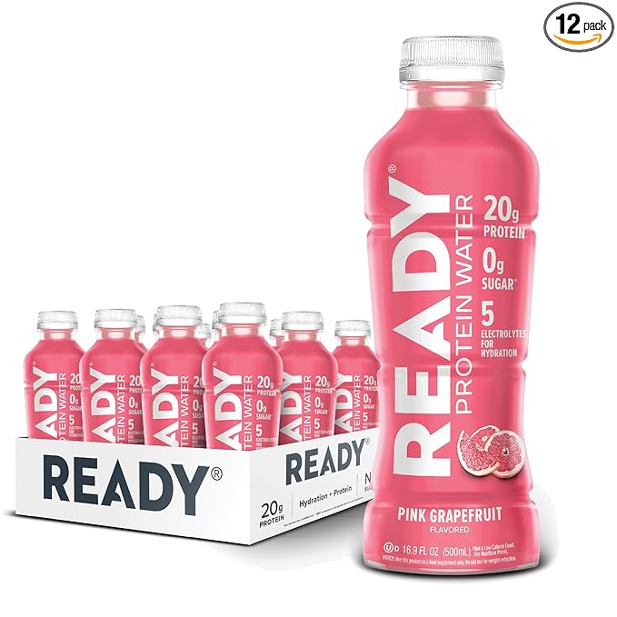 Ready® Clear Protein Water – 20g Whey Protein Isolate Zero Sugar Low-Calorie Sports Drink for Hydration &amp Recovery – Electrolytes Essential Amino Acids – Pink Grapefruit 16.9 fl oz Bottles (12