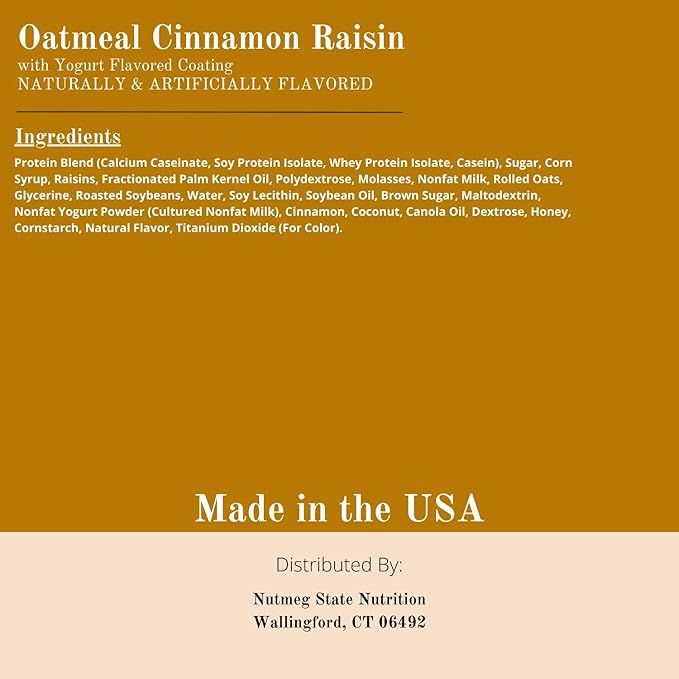Nutmeg State Nutrition - High Protein Snack Bars 10g Protein 160 Calories Low Sodium 21g Carbs 3g Fiber 7 Servings Per Box (Oatmeal Cinnamon Raisin)