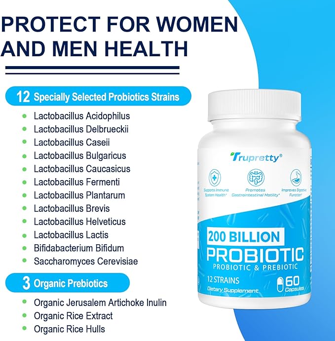 200 Billion Cfus 12 Strains Probiotic with 3 Organic Prebiotics Probiotics for Women Men Daily Supplement for Immune Gut Digestive Health Shelf Stable Non GMO 60 Caps (60-Days Supply)