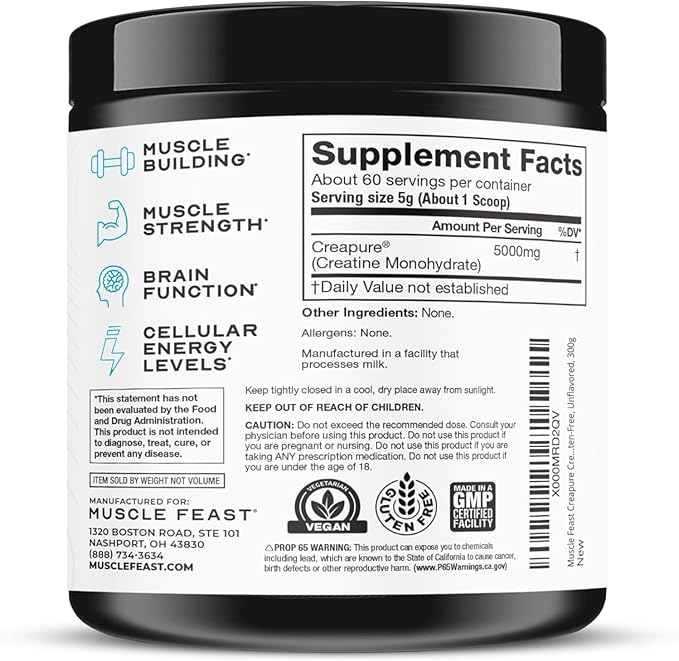 Muscle Feast Creapure Creatine Monohydrate Powder Vegan Keto Friendly Gluten-Free Mass Gainer Muscle Recovery Supplement and Trusted Creatine for Muscle Growth Creatine Powder Unflavored 300g
