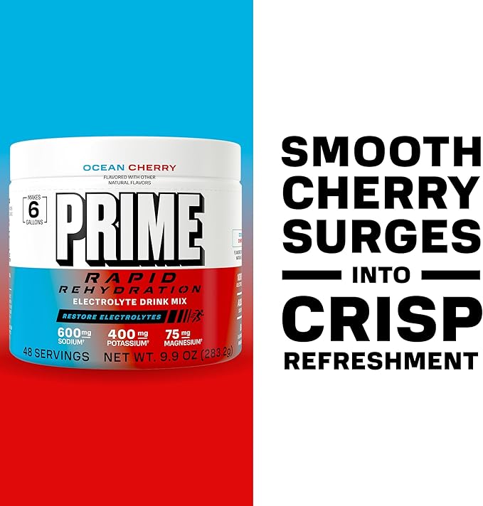 Prime Rapid Rehydration Electrolyte Powder Ocean Cherry Sugar Free Hydration Drink Mix with Sodium Potassium Magnesium &amp B Vitamins to Replenish Fluids Caffeine Free 6 Gallon Tub 48 SRV