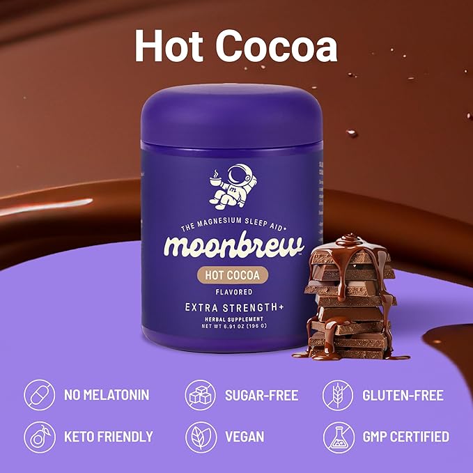 MoonBrew Nighttime Extra Strength Magnesium Hot Cocoa Natural Sleep Aid Drink Mix for Adults - Calming Melatonin-Free Sleep Support - Hot Chocolate Powder with L-Theanine Chamomile &amp Zinc Glycin