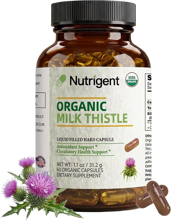 USDA Organic Milk Thistle Supplement Silymarin Supplement 280 mg Liquid Organic Capsules Liver Health &amp Detox Support Non-GMO 60 Count