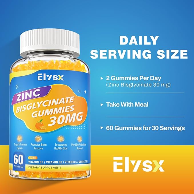 Zinc Glycinate 30 mg Gummies Chewable Zinc Supplement for Women &amp Men with Vitamin C D3 &amp B6 Quercetin Immune System Support Skin Health &amp Antioxidant Natural Fruit Flavor 60 Ct