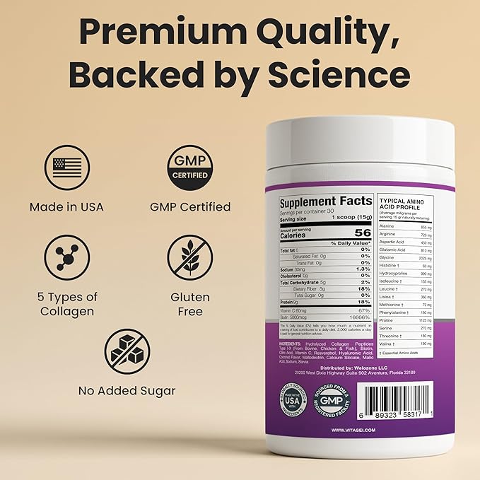 VITASEI Hydrolyzed Collagen Peptides Powder with Resveratrol &amp Vitamin C – Hair Skin &amp Joint Support with Hyaluronic Acid – Colágeno Hidrolizado for Women &amp Men – Coconut Flavor 16 oz (3