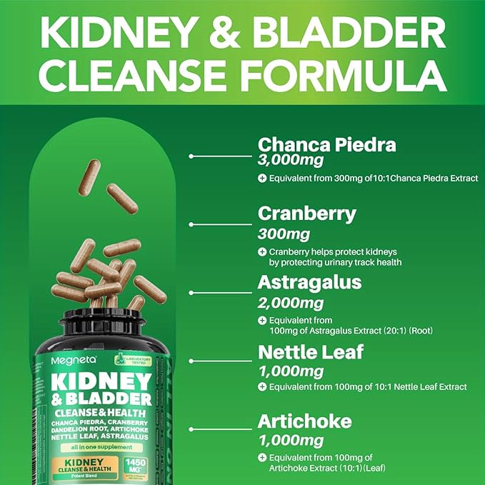 Kidney Cleanse &amp Bladder Support Supplement for Men &amp Women 1450mg with Chanca Piedra Cranberry Astragalus - Detox for Urinary Tract Health &amp Kidney Function - 60 Vegan Capsules