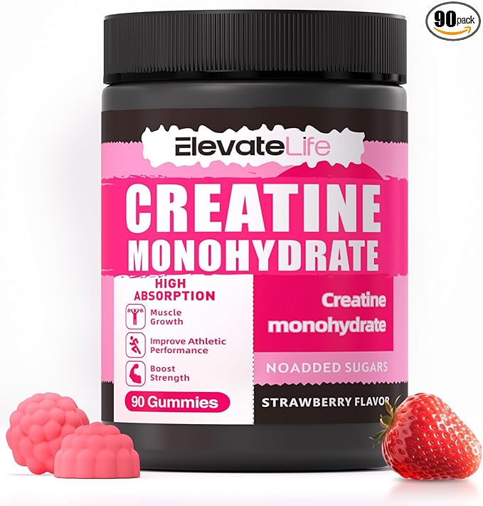 NSFCertified Creatine Monohydrate Gummies 5000mg for Men &amp Women Chewables Creatine Monohydrate for Muscle Strength Muscle Builder Energy Boost Pre-Workout Supplement(90 Count)-Strawberries