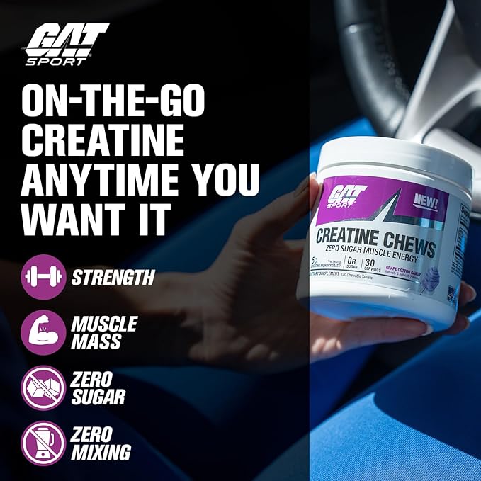 GAT SPORT Creatine Chews Zero Sugar 5g Pure Creatine Monohydrate 3rd Party Tested Brain Health Muscle Strength Anti-oxidant Support for Men &amp Women 30 Servings (Fruit Punch)