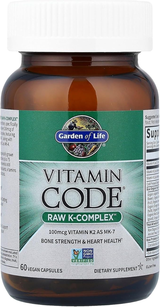 Garden of Life Vitamin K2 and K1 Vitamin Code Vegan K Complex Vitamin for Bone Strength and Heart Health Omega Rich Flax Seed Oil Trace Minerals Probiotics 60 Day Supply
