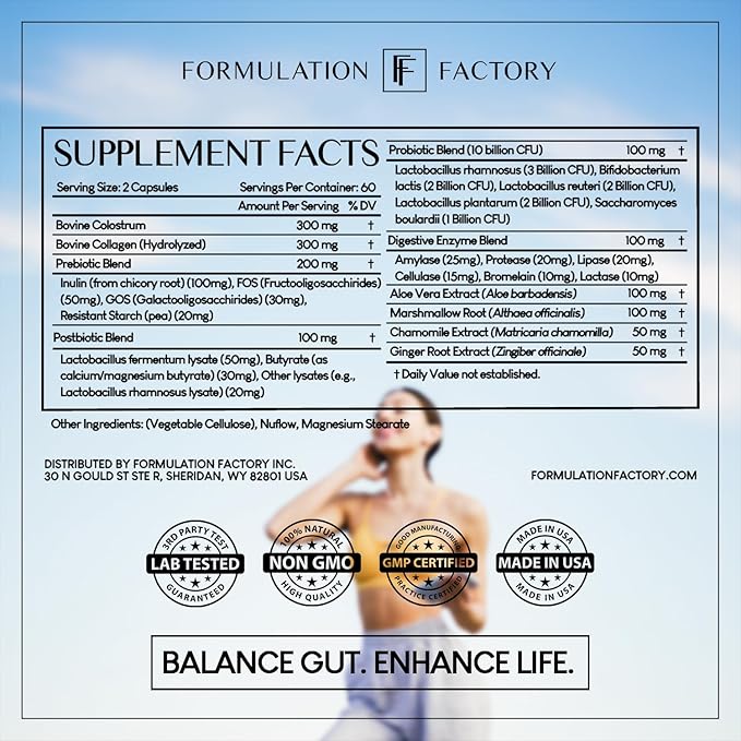 Formulation Factory Gut Intellect 10-in-1 Microbiome Supplement Prebiotics Probiotics Postbiotics Colostrum Collagen Aloe Vera Chamomile Ginger Enzymes Digestive 240 Caps (2 Pack)