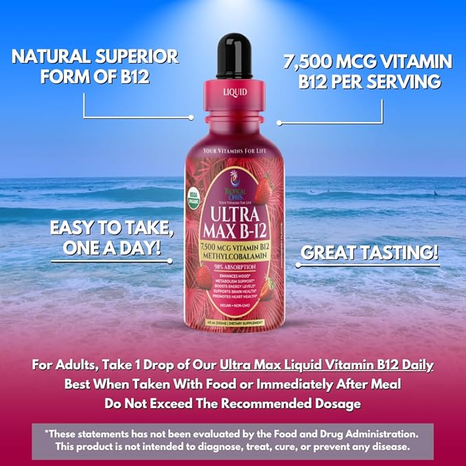 USDA Organic Ultra Max B12 | Superdose 7500mcg Vitamin B12 Liquid Drops | B12 as Methylcobalamin| Max 98% Absorption Rate | Promotes Energy| Vegan Non-GMO Strawberry flavor -4oz