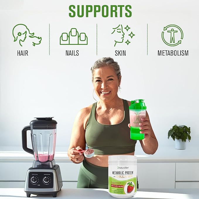 NaturalSlim Metabolic Protein Powder with Collagen whey protein powder shake Hydrolyzed Collagen with L-Glutamine for Metabolic Support Digestion Skin Joints &amp Muscle Low Carb 17.06oz Strawb